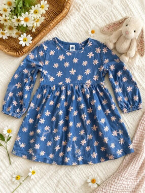 Old Navy Toddler Girls Blue Daisy Print Dress Size 4T Long Sleeve